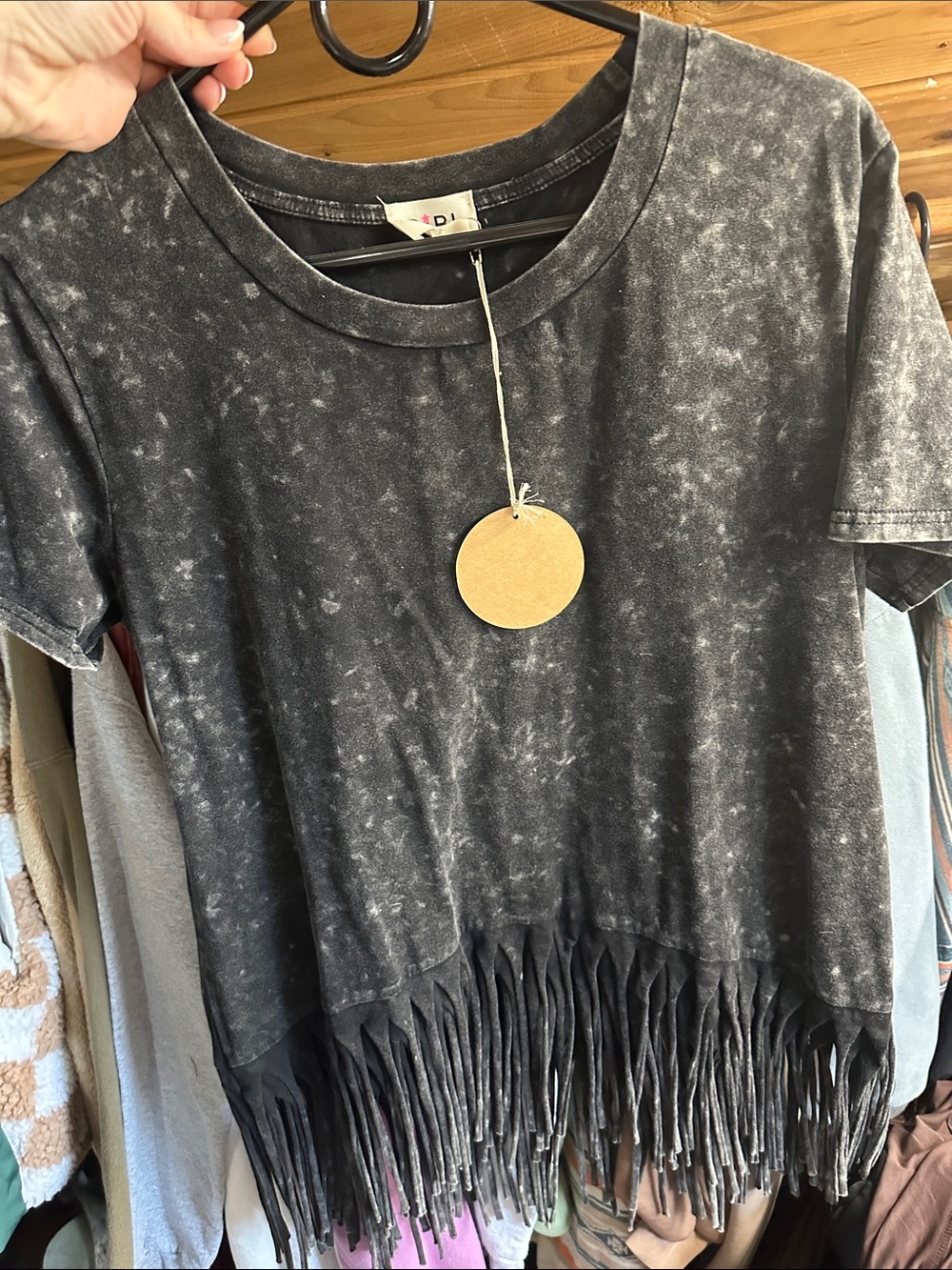 BiBi Black Mineral Wash Short Sleeve Fringe Tee womens size M NWT